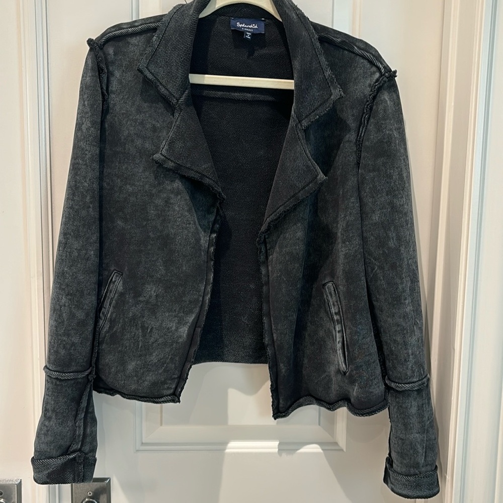 SPLENDID distressed jean look open jacket.